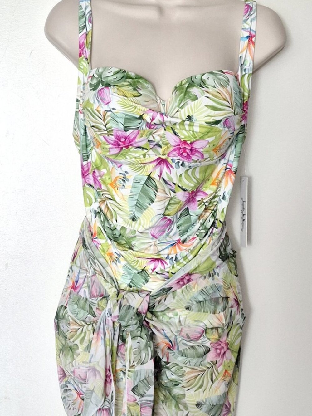 Nicole Miller Bandeau One Piece Swimsuit With Sarong Ruched Tropical Size XL NWT
